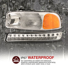 Load image into Gallery viewer, GMC Sierra 1500 1500HD 2500 2500HD 3500 1999-2006 / Sierra Classic 2007 / Yukon 2000-2006 / Yukon XL 1500 2500 2000-2006 Factory Style Headlights + LED Bumpers Chrome Housing Clear Len Amber Reflector