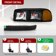 Load image into Gallery viewer, GMC Sierra 1500 1500HD 2500 2500HD 3500 1999-2006 / Sierra Classic 2007 / Yukon 2000-2006 / Yukon XL 1500 2500 2000-2006 Factory Style Headlights + LED Bumpers Black Housing Clear Len Amber Reflector