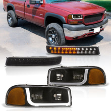 Load image into Gallery viewer, GMC Sierra 1500 2500 1999-2007 / Sierra 1500HD 2500HD 3500 2001-2007 / Yukon 1999-2006 / Yukon XL 1500 2500 2000-2006 LED DRL Bar Factory Style Headlights + LED Bumpers Black Housing Clear Len Amber Reflector