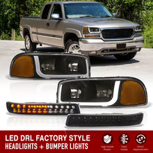 Load image into Gallery viewer, GMC Sierra 1500 2500 1999-2007 / Sierra 1500HD 2500HD 3500 2001-2007 / Yukon 1999-2006 / Yukon XL 1500 2500 2000-2006 LED DRL Bar Factory Style Headlights + LED Bumpers Black Housing Clear Len Amber Reflector