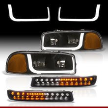 Load image into Gallery viewer, GMC Sierra 1500 2500 1999-2007 / Sierra 1500HD 2500HD 3500 2001-2007 / Yukon 1999-2006 / Yukon XL 1500 2500 2000-2006 LED DRL Bar Factory Style Headlights + LED Bumpers Black Housing Clear Len Amber Reflector