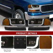 Load image into Gallery viewer, GMC Sierra 1500 2500 1999-2007 / Sierra 1500HD 2500HD 3500 2001-2007 / Yukon 1999-2006 / Yukon XL 1500 2500 2000-2006 LED DRL Bar Factory Style Headlights + LED Bumpers Black Housing Clear Len Amber Reflector