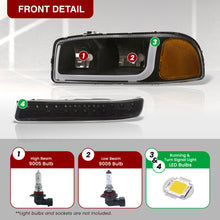 Load image into Gallery viewer, GMC Sierra 1500 2500 1999-2007 / Sierra 1500HD 2500HD 3500 2001-2007 / Yukon 1999-2006 / Yukon XL 1500 2500 2000-2006 LED DRL Bar Factory Style Headlights + LED Bumpers Black Housing Clear Len Amber Reflector