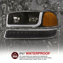 Load image into Gallery viewer, GMC Sierra 1500 2500 1999-2007 / Sierra 1500HD 2500HD 3500 2001-2007 / Yukon 1999-2006 / Yukon XL 1500 2500 2000-2006 LED DRL Bar Factory Style Headlights + LED Bumpers Black Housing Clear Len Amber Reflector