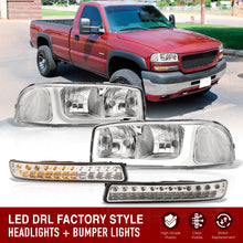 Load image into Gallery viewer, GMC Sierra 1500 2500 1999-2007 / Sierra 1500HD 2500HD 3500 2001-2007 / Yukon 1999-2006 / Yukon XL 1500 2500 2000-2006 LED DRL Bar Factory Style Headlights + LED Bumpers Chrome Housing Clear Len Clear Reflector