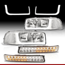 Load image into Gallery viewer, GMC Sierra 1500 2500 1999-2007 / Sierra 1500HD 2500HD 3500 2001-2007 / Yukon 1999-2006 / Yukon XL 1500 2500 2000-2006 LED DRL Bar Factory Style Headlights + LED Bumpers Chrome Housing Clear Len Clear Reflector