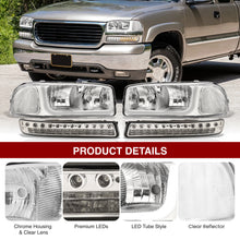 Load image into Gallery viewer, GMC Sierra 1500 2500 1999-2007 / Sierra 1500HD 2500HD 3500 2001-2007 / Yukon 1999-2006 / Yukon XL 1500 2500 2000-2006 LED DRL Bar Factory Style Headlights + LED Bumpers Chrome Housing Clear Len Clear Reflector