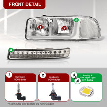 Load image into Gallery viewer, GMC Sierra 1500 2500 1999-2007 / Sierra 1500HD 2500HD 3500 2001-2007 / Yukon 1999-2006 / Yukon XL 1500 2500 2000-2006 LED DRL Bar Factory Style Headlights + LED Bumpers Chrome Housing Clear Len Clear Reflector