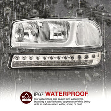 Load image into Gallery viewer, GMC Sierra 1500 2500 1999-2007 / Sierra 1500HD 2500HD 3500 2001-2007 / Yukon 1999-2006 / Yukon XL 1500 2500 2000-2006 LED DRL Bar Factory Style Headlights + LED Bumpers Chrome Housing Clear Len Clear Reflector