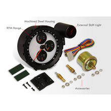 Load image into Gallery viewer, Universal 5.5" 4 in 1 Analog Tachometer Gauge Black Bezel White (Tachometer / Oil Press / Water Temp / Oil Temp)