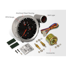 Load image into Gallery viewer, Universal 5.5" 4 in 1 Analog Tachometer Gauge Silver Bezel Carbon Fiber (Tachometer / Oil Press / Water Temp / Oil Temp)