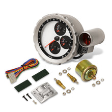 Load image into Gallery viewer, Universal 5.5" 4 in 1 Analog Tachometer Gauge Silver Bezel White (Tachometer / Oil Press / Water Temp / Oil Temp)