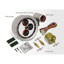 Load image into Gallery viewer, Universal 5.5" 4 in 1 Analog Tachometer Gauge Silver Bezel White (Tachometer / Oil Press / Water Temp / Oil Temp)