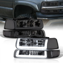 Load image into Gallery viewer, Chevrolet Silverado 1999-2002 / Suburban Tahoe 2000-2006 LED DRL Bar Factory Style Headlights + Bumpers Chrome Housing Smoke Len Clear Reflector