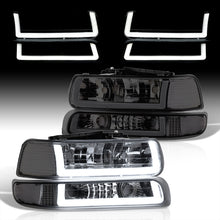 Load image into Gallery viewer, Chevrolet Silverado 1999-2002 / Suburban Tahoe 2000-2006 LED DRL Bar Factory Style Headlights + Bumpers Chrome Housing Smoke Len Clear Reflector