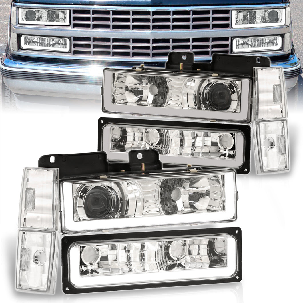 Chevrolet C/K 1500 2500 3500 1988-1993 LED DRL Bar Projector Headlights + Bumpers + Corners Chrome Housing Clear Len Clear Reflector