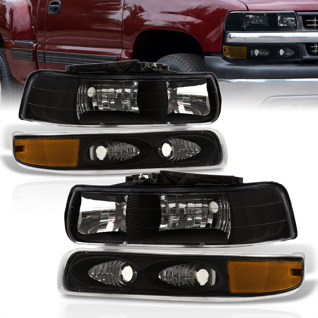 Chevrolet Silverado 1999-2002 / Suburban Tahoe 2000-2006 Factory Style Headlights + Bumpers Black Housing Clear Len Amber Reflector