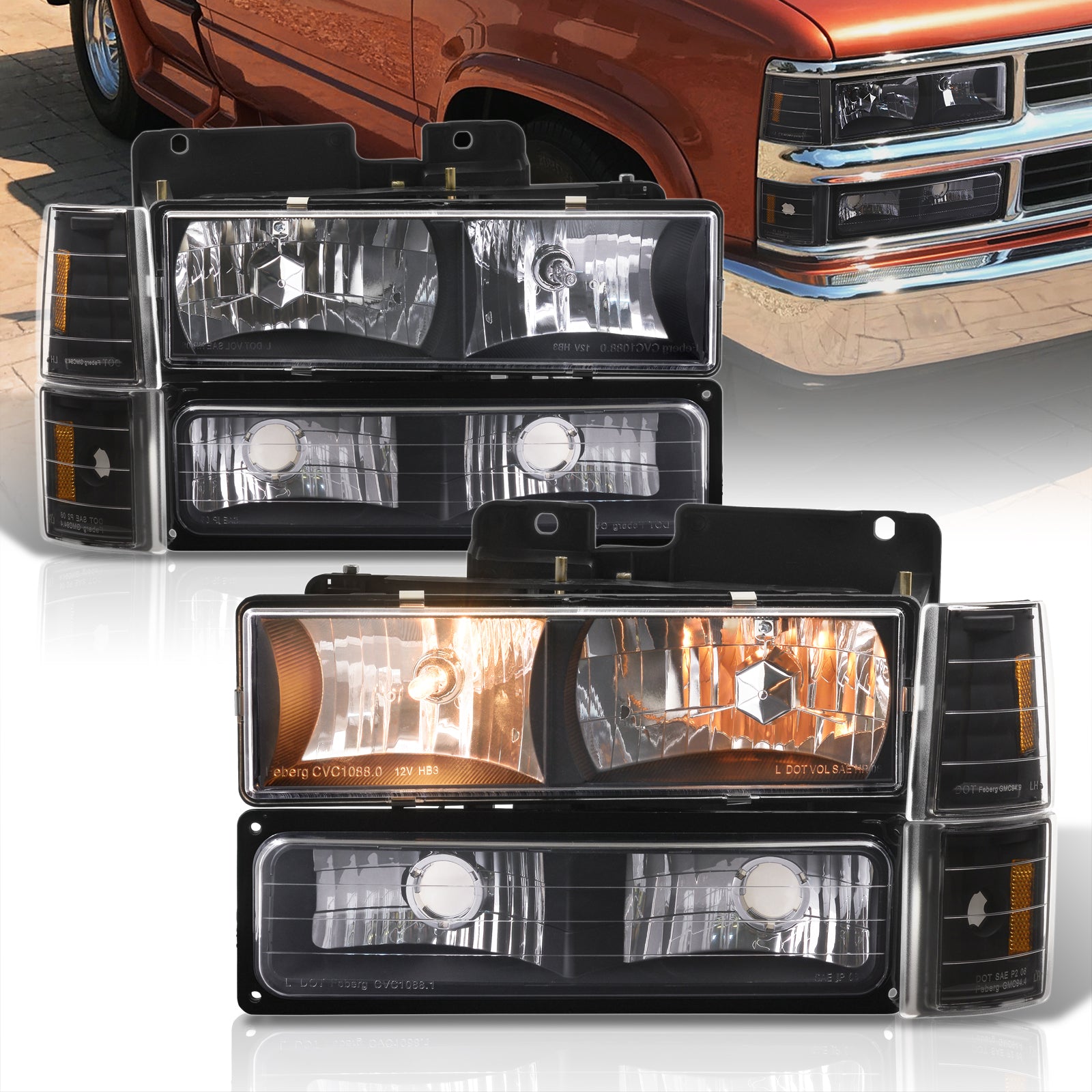 Chevrolet C/K 1500 2500 3500 1988-1993 Factory Style Headlights + Bumpers + Corners Lights Black Housing Clear Len Amber Reflector, image size:1600x1600