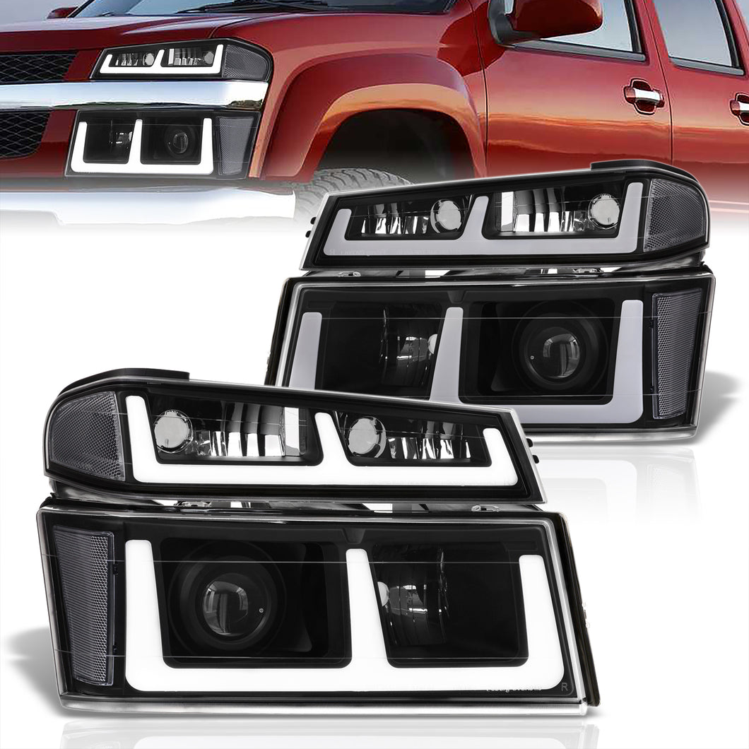 Chevrolet Colorado 2004-2012 LED DRL Bar Projector Headlights + Bumpers Black Housing Clear Len Clear Reflector