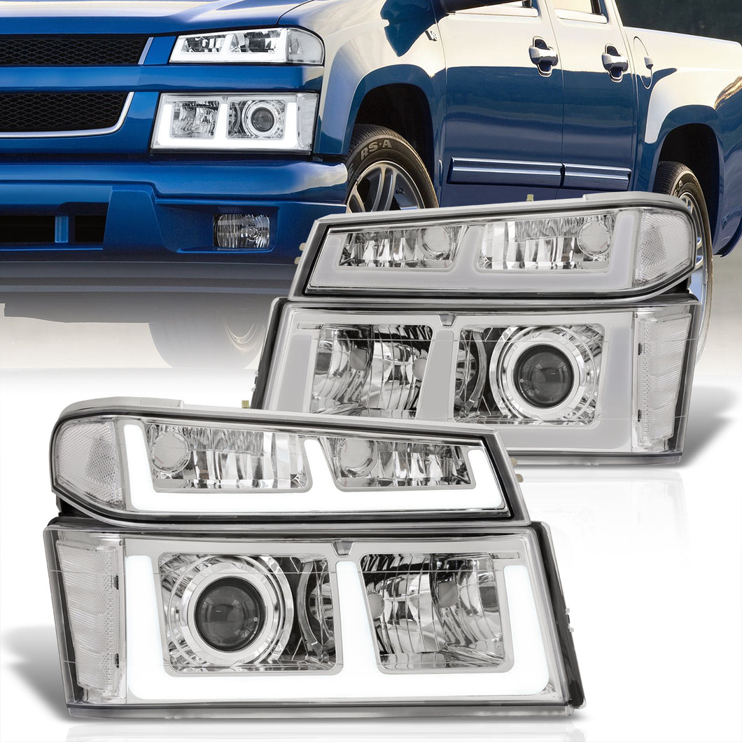 Chevrolet Colorado 2004-2012 LED DRL Bar Projector Headlights + Bumpers Chrome Housing Clear Len Clear Reflector