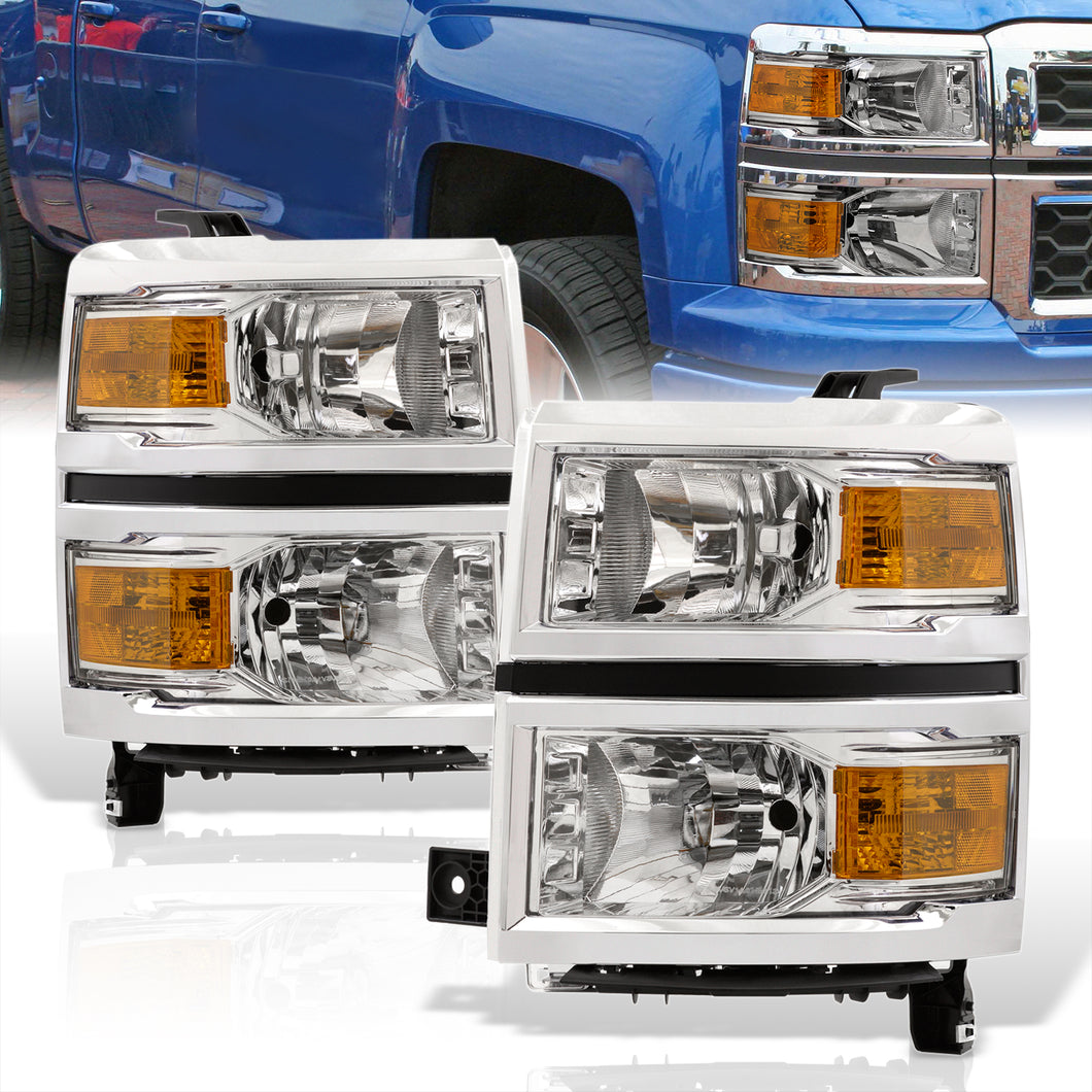 Chevrolet Silverado 1500 2014-2015 Factory Style Headlights Chrome Housing Clear Len Amber Reflector (Will Not Fit 2500 & HD Models)