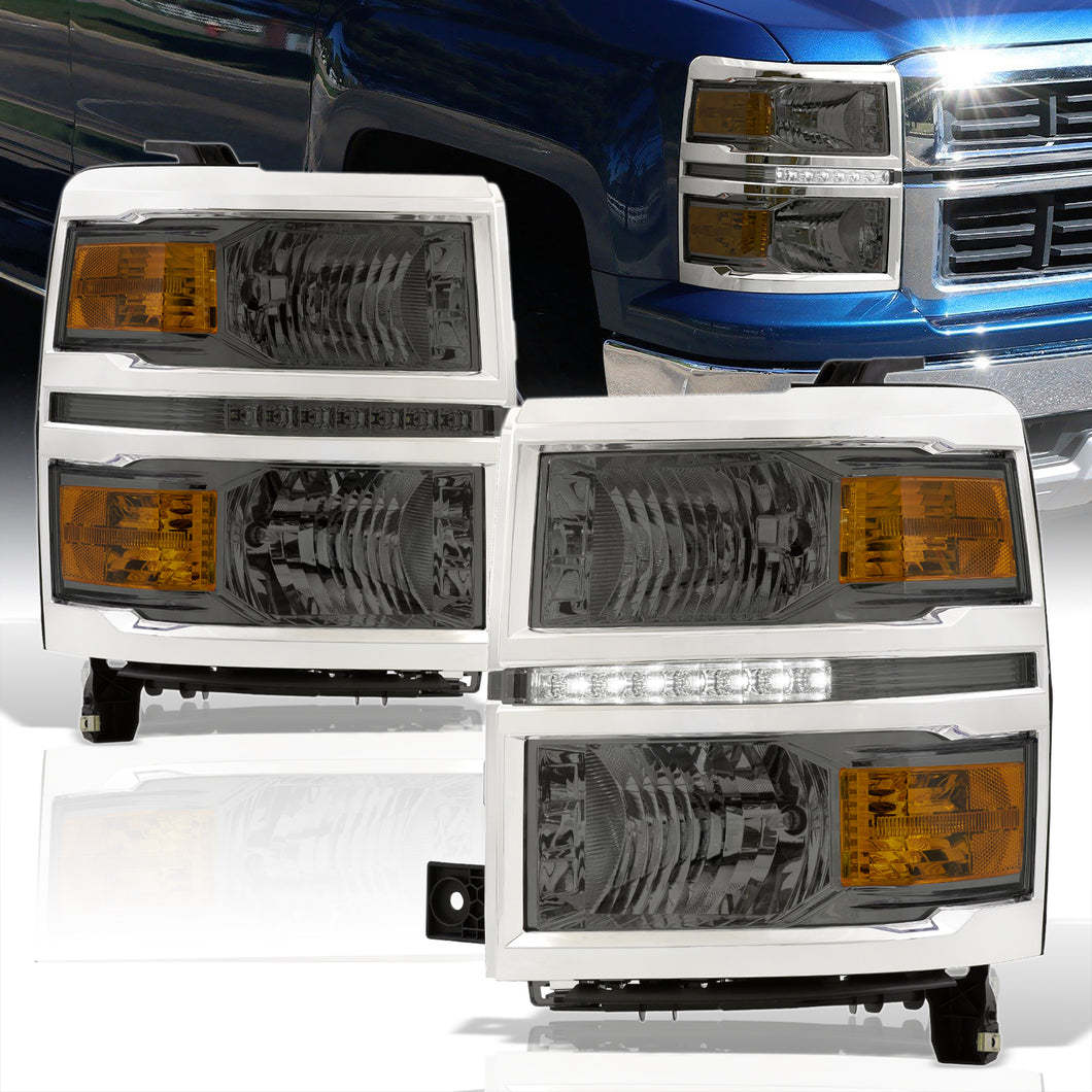 Chevrolet Silverado 1500 2014-2015 LED DRL Headlights Chrome Housing Smoke Len Amber Reflector (Will Not Fit 2500 & HD Models)