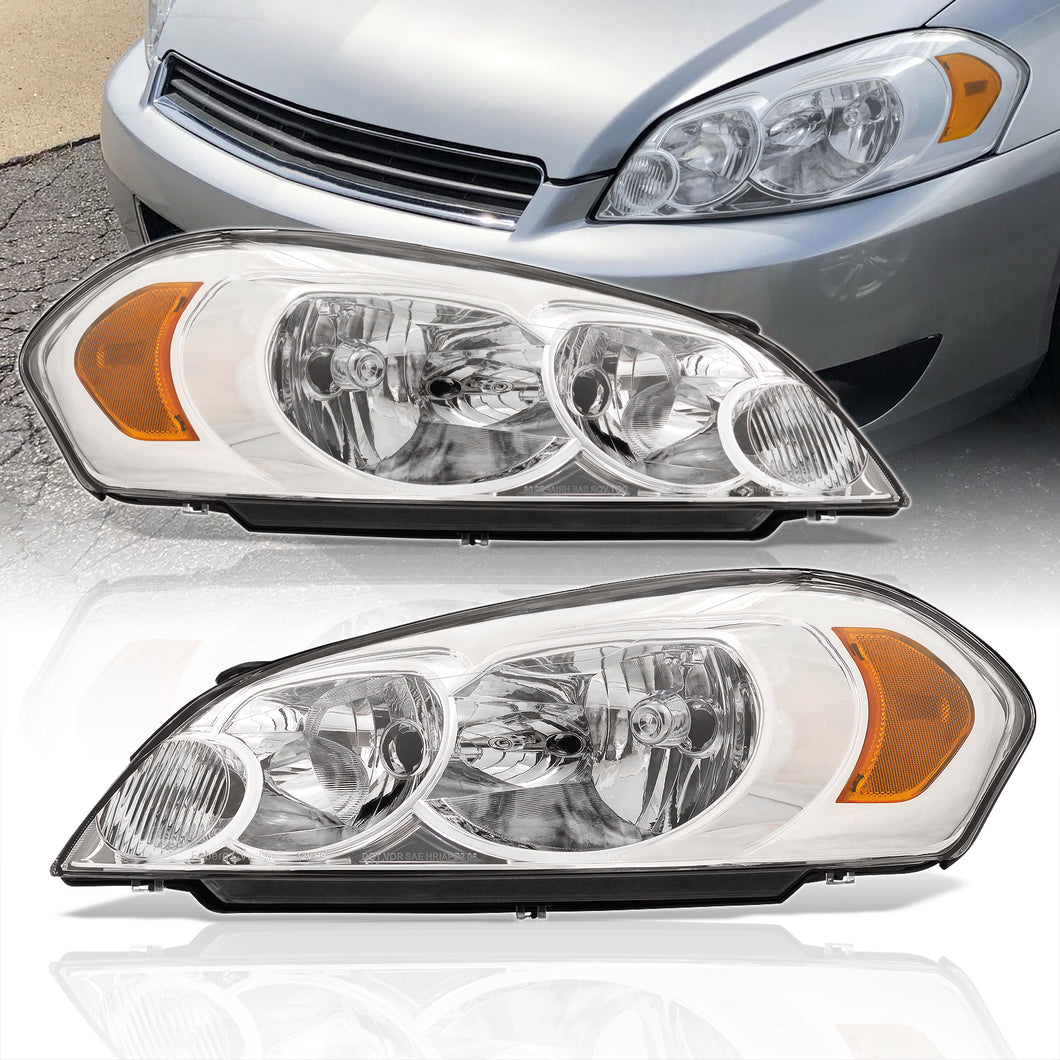 Chevrolet Impala 2006-2013 / Impala Limited 2014-2015 / Monte Carlo 2006-2007 Factory Style Headlights Chrome Housing Clear Len Amber Reflector