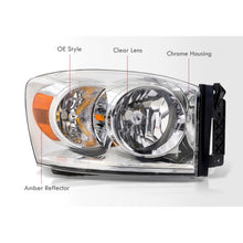 Load image into Gallery viewer, Dodge Ram 1500 2006-2008 / Ram 2500 3500 2006-2009 Factory Style Headlights Chrome Housing Clear Len Amber Reflector