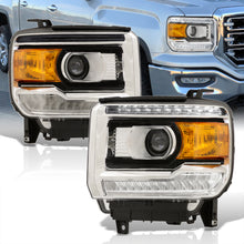 Load image into Gallery viewer, GMC Sierra 1500 2014-2018 / Sierra 2500HD 3500HD 2015-2019 LED DRL Bar Factory Style Projector Headlights Black Housing Clear Len Amber Reflector (Halogen Models Only)