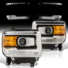 Load image into Gallery viewer, GMC Sierra 1500 2014-2018 / Sierra 2500HD 3500HD 2015-2019 LED DRL Bar Factory Style Projector Headlights Black Housing Clear Len Amber Reflector (Halogen Models Only)