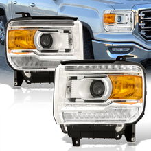 Load image into Gallery viewer, GMC Sierra 1500 2014-2018 / Sierra 2500HD 3500HD 2015-2019 LED DRL Bar Factory Style Projector Headlights Chrome Housing Clear Len Amber Reflector (Halogen Models Only)