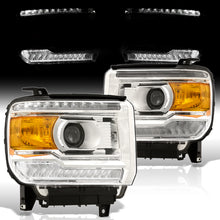 Load image into Gallery viewer, GMC Sierra 1500 2014-2018 / Sierra 2500HD 3500HD 2015-2019 LED DRL Bar Factory Style Projector Headlights Chrome Housing Clear Len Amber Reflector (Halogen Models Only)
