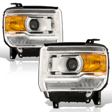 Load image into Gallery viewer, GMC Sierra 1500 2014-2018 / Sierra 2500HD 3500HD 2015-2019 LED DRL Bar Factory Style Projector Headlights Chrome Housing Clear Len Amber Reflector (Halogen Models Only)