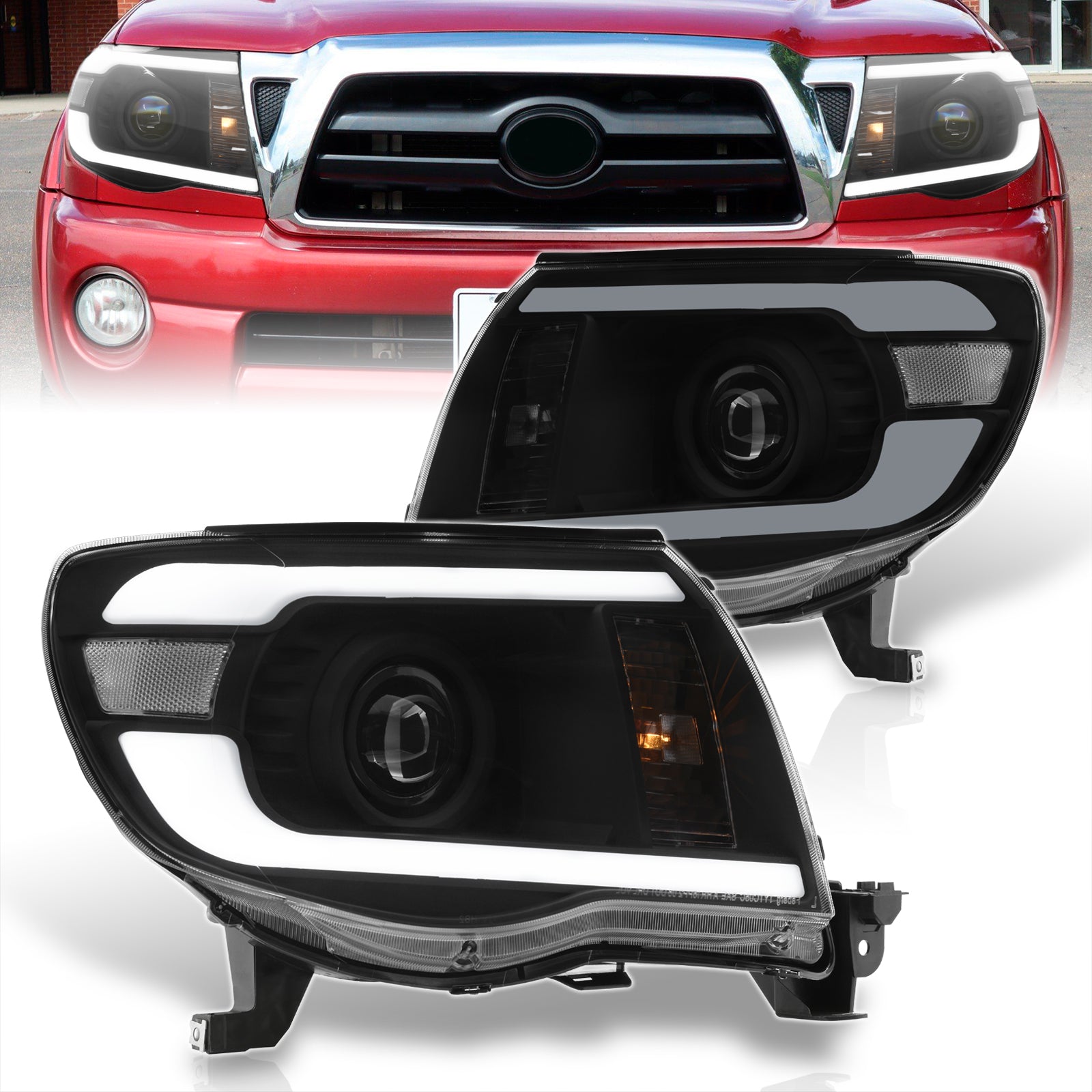 Toyota Tacoma 2005-2011 LED DRL Bar Projector Headlights Black Housing  Clear Len Clear Reflector