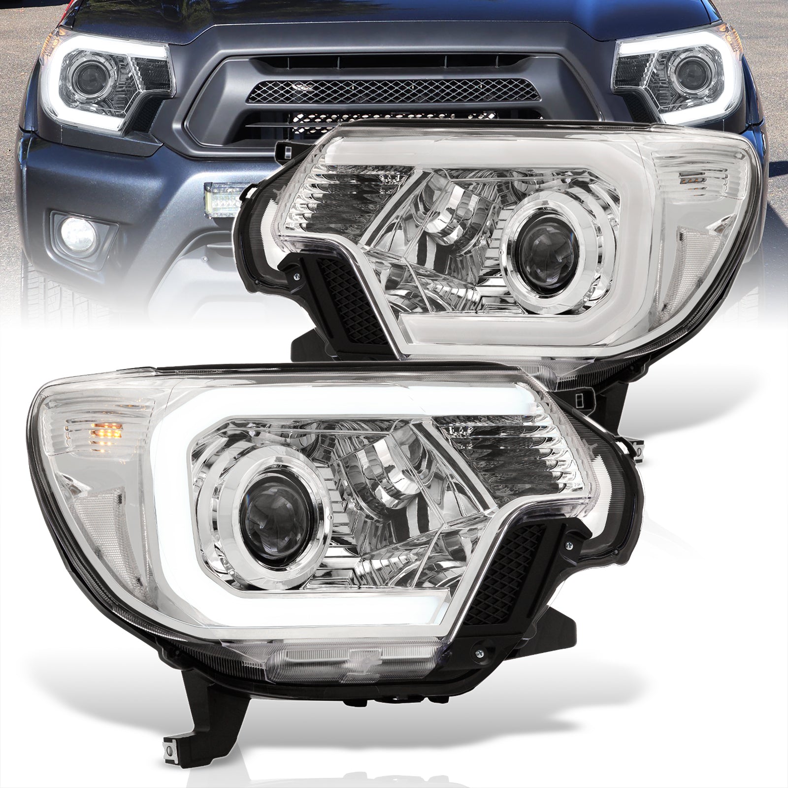 Toyota Tacoma 2012-2015 LED DRL Bar Projector Headlights Chrome Housin ...