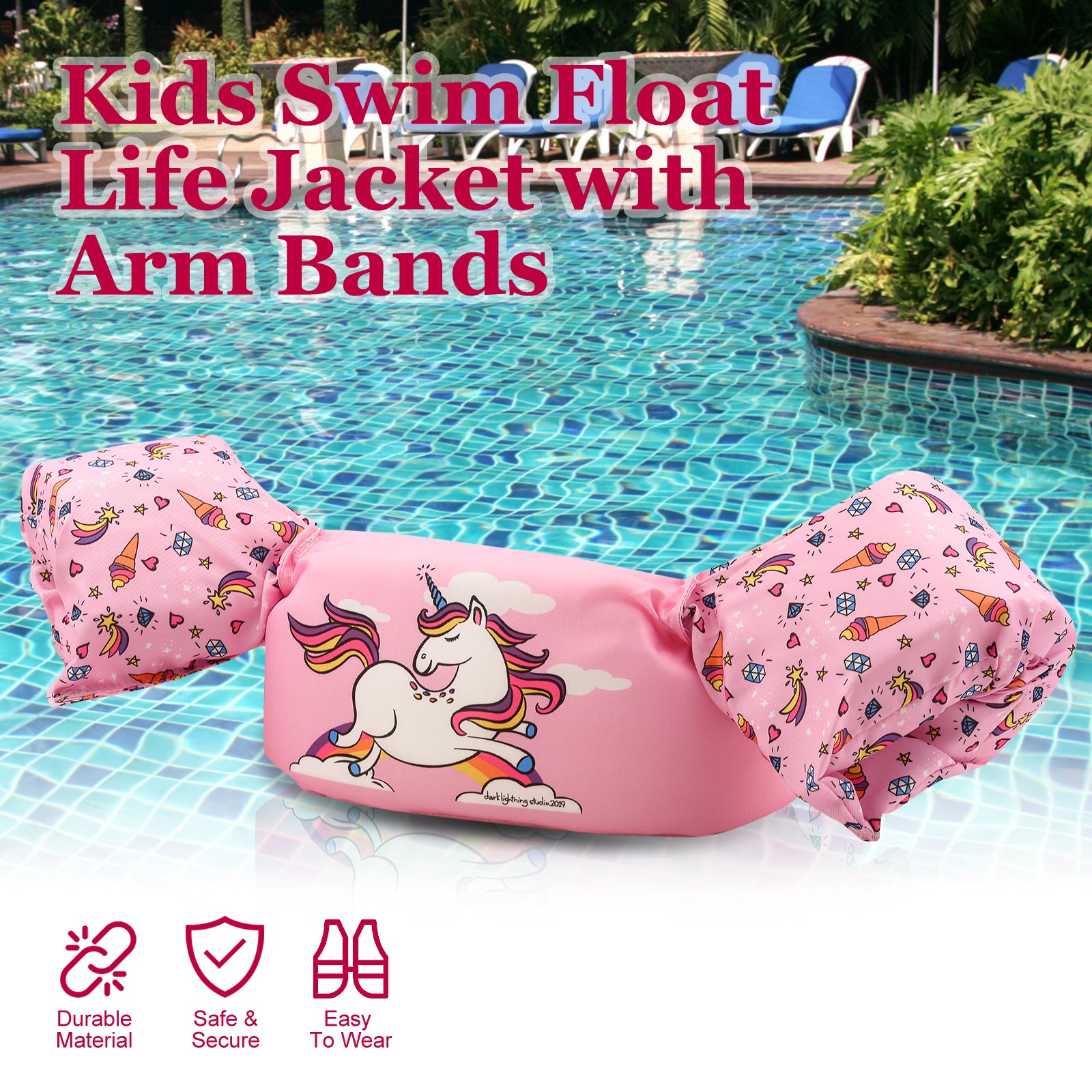 Kids Swim Float Life Jacket Vest with Arm Bands (20-50 LBS) Pink