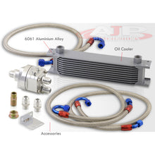 Load image into Gallery viewer, Universal 9 Row Oil Cooler Kit Silver with Sandwich Plate Relocator (Red/Blue Fittings)