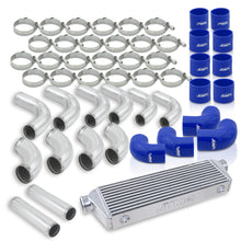 Load image into Gallery viewer, Universal 2.5" 12 Pieces Aluminum Piping Kit Polished (x2 Straight / x6 90 Degree Long / x4 90 Degree Short) + Silicone Couplers Blue + Universal Aluminum Intercooler (Bar & Plate | Overall: 27.5" x 7.0" x 2.5" | Core: 21.5" x 7.0" x 2.25")