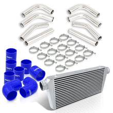 Load image into Gallery viewer, Universal 3" 8 Pieces Aluminum Piping Kit Polished (x2 Straight / x2 90 Degree / x2 120 Degree / x2 135 Degree) + Silicone Couplers Blue + Universal Aluminum Intercooler (Bar & Plate | Overall: 31.0" x 11.75" x 3.0" | Core: 23.0" x 11.0" x 3.0")