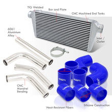 Load image into Gallery viewer, Universal 3" 8 Pieces Aluminum Piping Kit Polished (x2 Straight / x2 90 Degree / x2 120 Degree / x2 135 Degree) + Silicone Couplers Blue + Universal Aluminum Intercooler (Bar & Plate | Overall: 31.0" x 11.75" x 3.0" | Core: 23.0" x 11.0" x 3.0")
