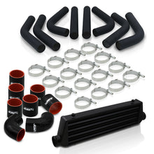 Load image into Gallery viewer, Universal 2.5" 8 Pieces Aluminum Piping Kit Black (x2 Straight / x2 90 Degree / x2 120 Degree / x2 135 Degree) + SIlicone Couplers Black + Universal Aluminum Intercooler Black (Tube & Fin | Overall: 27.5" x 7.0" x 2.5" | Core: 21.5" x 7.0" x 2.25")