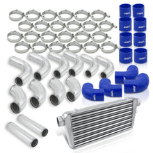 Load image into Gallery viewer, Universal 3" 12 Pieces Aluminum Piping Kit Polished (x2 Straight / x6 90 Degree Long / x4 90 Degree Short) + Silicone Couplers Blue + Universal Aluminum Intercooler (Tube & Fin | Overall: 30.75" x 11.75" x 3.0" | Core: 23.5" x 11.75" x 3.0")