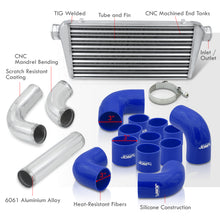 Load image into Gallery viewer, Universal 3" 12 Pieces Aluminum Piping Kit Polished (x2 Straight / x6 90 Degree Long / x4 90 Degree Short) + Silicone Couplers Blue + Universal Aluminum Intercooler (Tube & Fin | Overall: 30.75" x 11.75" x 3.0" | Core: 23.5" x 11.75" x 3.0")