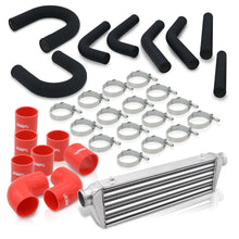 Load image into Gallery viewer, Universal 2.5&quot; 8 Pieces Aluminum Piping Kit Black (x2 Straight / x2 90 Degree / x2 135 Degree / x2 U-Pipe) + SIlicone Couplers Red + Universal Aluminum Intercooler (Tube &amp; Fin | Overall: 27.5&quot; x 7.0&quot; x 2.5&quot; | Core: 21.5&quot; x 7.0&quot; x 2.25&quot;)
