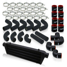 Load image into Gallery viewer, Universal 2.5" 12 Pieces Aluminum Piping Kit Black (x2 Straight / x6 90 Degree Long / x4 90 Degree Short) + SIlicone Couplers Black + Universal Aluminum Intercooler Black (Tube & Fin | Overall: 27.5" x 7.0" x 2.5" | Core: 21.5" x 7.0" x 2.25")