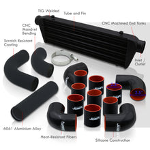 Load image into Gallery viewer, Universal 2.5" 12 Pieces Aluminum Piping Kit Black (x2 Straight / x6 90 Degree Long / x4 90 Degree Short) + SIlicone Couplers Black + Universal Aluminum Intercooler Black (Tube & Fin | Overall: 27.5" x 7.0" x 2.5" | Core: 21.5" x 7.0" x 2.25")