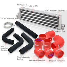 Load image into Gallery viewer, Universal 2.5" 8 Pieces Aluminum Piping Kit Black (x2 Straight / x2 90 Degree / x2 120 Degree / x2 135 Degree) + SIlicone Couplers Red + Universal Aluminum Intercooler (Tube & Fin | Overall: 27.5" x 7.0" x 2.5" | Core: 21.5" x 7.0" x 2.25")