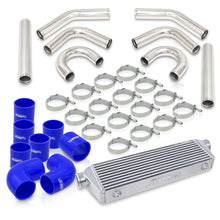 Load image into Gallery viewer, Universal 2.5" 8 Pieces Aluminum Piping Kit Polished (x2 Straight / x2 90 Degree / x2 135 Degree / x2 U-Pipe) + Silicone Couplers Blue + Universal Aluminum Intercooler (Bar & Plate | Overall: 27.5" x 7.0" x 2.5" | Core: 21.5" x 7.0" x 2.25")
