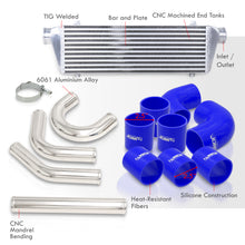 Load image into Gallery viewer, Universal 2.5" 8 Pieces Aluminum Piping Kit Polished (x2 Straight / x2 90 Degree / x2 135 Degree / x2 U-Pipe) + Silicone Couplers Blue + Universal Aluminum Intercooler (Bar & Plate | Overall: 27.5" x 7.0" x 2.5" | Core: 21.5" x 7.0" x 2.25")