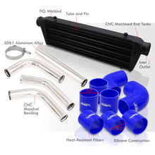 Load image into Gallery viewer, Universal 2.5" 8 Pieces Aluminum Piping Kit Polished (x2 Straight / x2 90 Degree / x2 120 Degree / x2 135 Degree) + Silicone Couplers Blue + Universal Aluminum Intercooler Black (Tube & Fin | Overall: 27.5" x 7.0" x 2.5" | Core: 21.5" x 7.0" x 2.25")